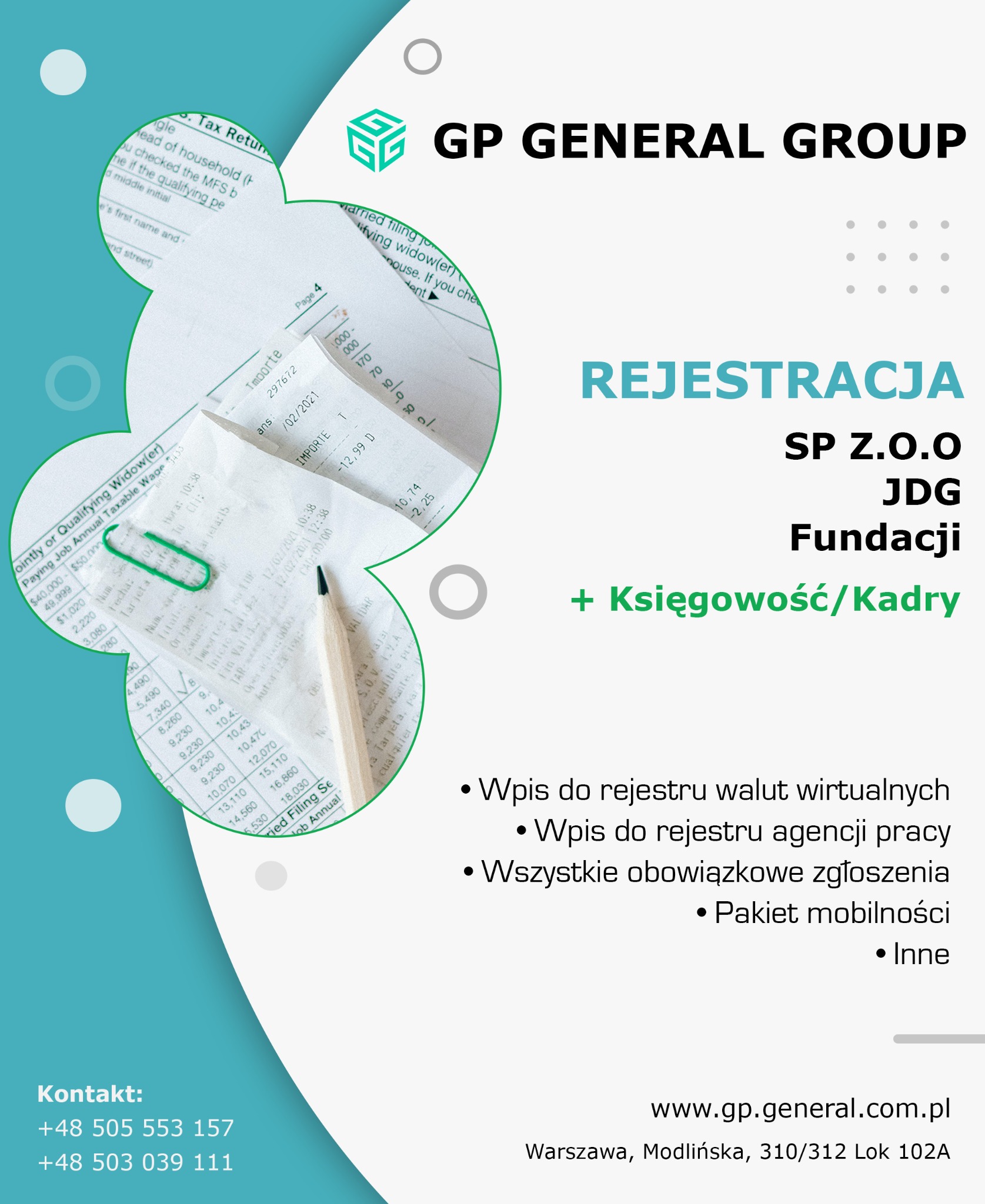 Reklama firmy GP General Group oferującej rejestrację spółek, księgowość i kadry, z fragmentami dokumentów i ołówkiem w tle.