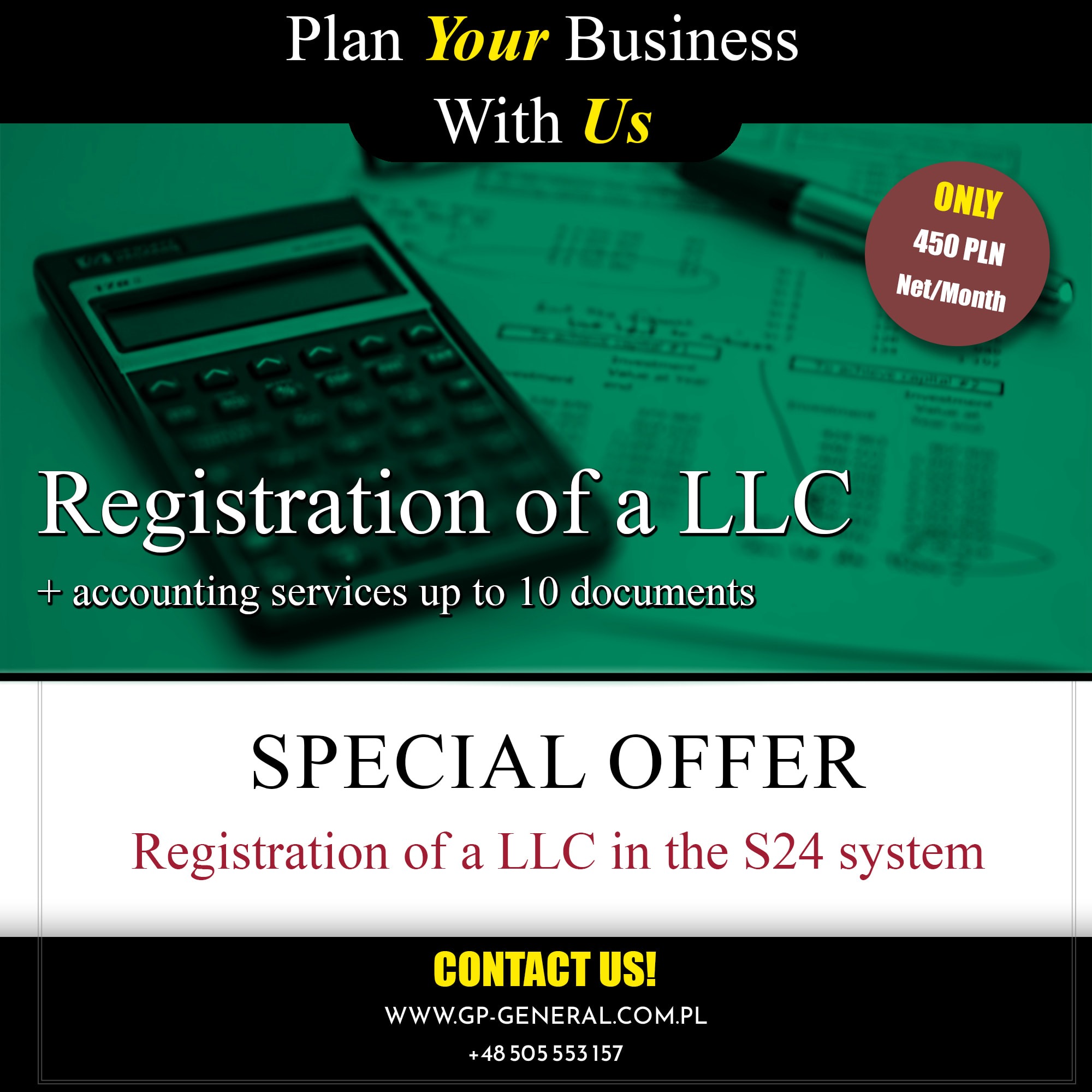 Promocja na rejestrację spółki z ograniczoną odpowiedzialnością, widoczny kalkulator, długopis i dokumenty finansowe, oferta zawiera usługi księgowe do 10 dokumentów miesięcznie za 450 zł netto.