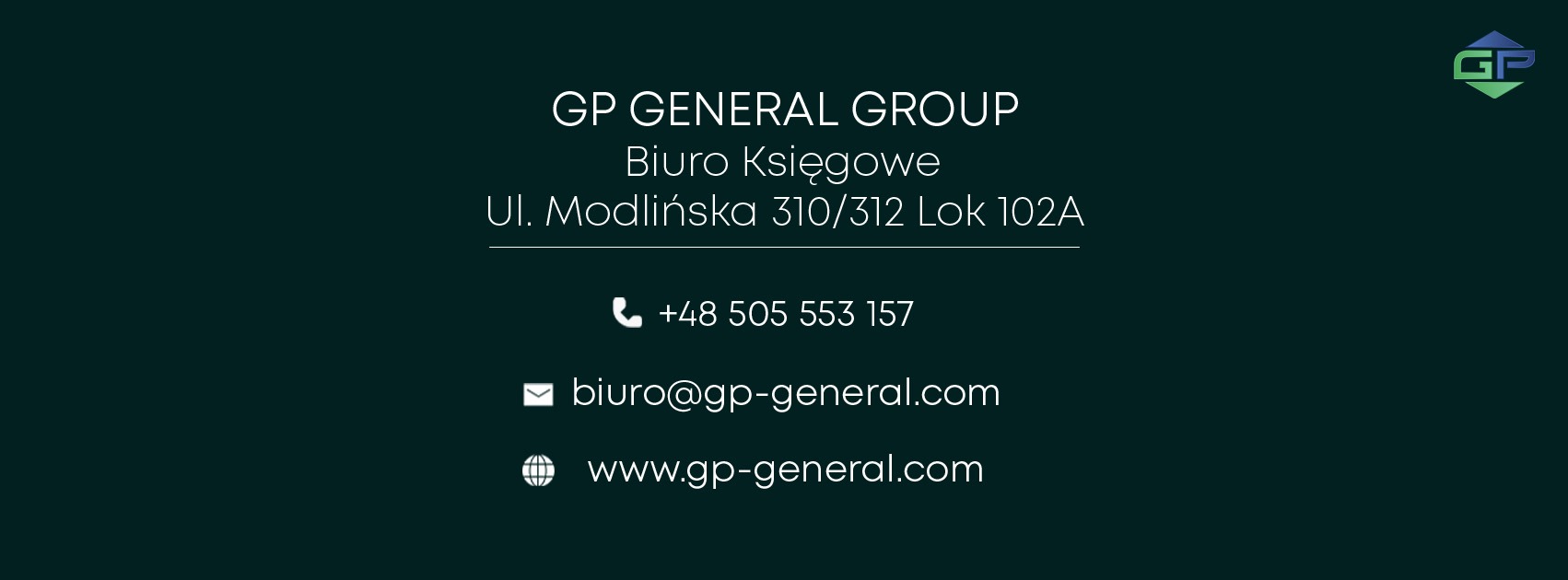 Wizytówka firmy GP General Group z adresem biura księgowego, numerem telefonu, adresem e-mail i stroną internetową na ciemnym tle.