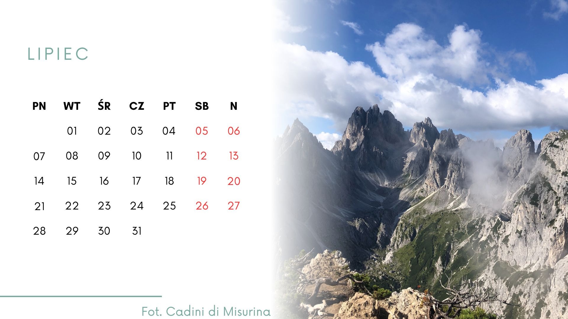 Kalendarz na lipiec z widokiem na góry Cadini di Misurina we Włoszech, z datami nałożonymi na krajobraz.