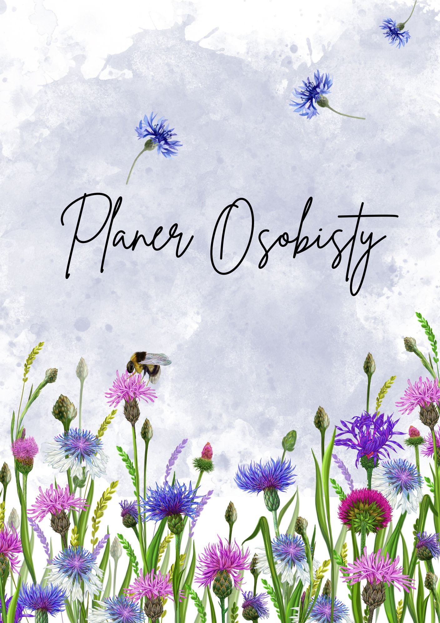 Okładka planera osobistego z motywem łąki: akwarelowe tło z rozproszonymi chabrami, dół zdobią kolorowe osty i zboża, a na jednym z kwiatów przysiadł trzmiel.