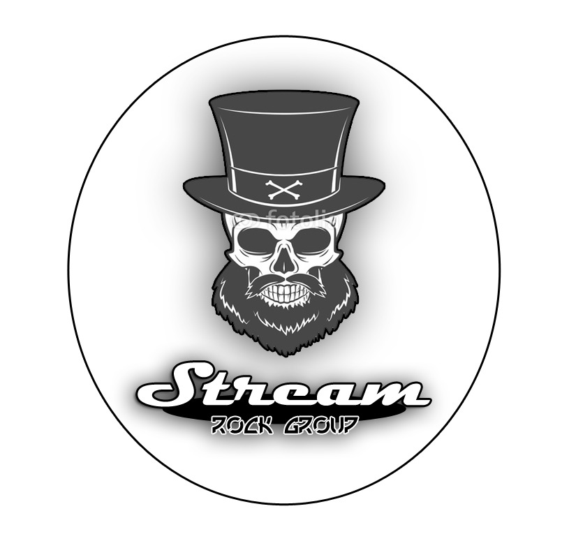 Logo zespołu rockowego 'Stream' przedstawiające czaszkę w cylindrze z kośćmi skrzyżowanymi i brodą, umieszczone w okręgu.