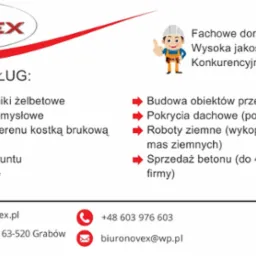 Grafika reklamowa firmy budowlanej Novex prezentująca zakres usług, w tym silosy żelbetowe, posadzki przemysłowe, utwardzanie terenu kostką brukową, stabilizacja gruntu, mury oporowe, budowa...
