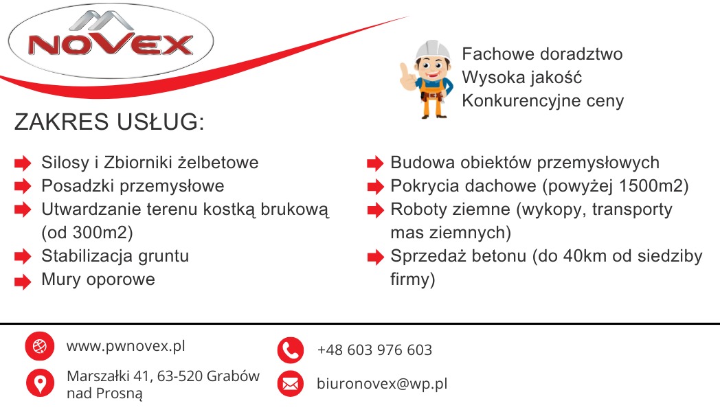Grafika reklamowa firmy budowlanej Novex prezentująca zakres usług, w tym silosy żelbetowe, posadzki przemysłowe, utwardzanie terenu kostką brukową, stabilizacja gruntu, mury oporowe, budowa...
