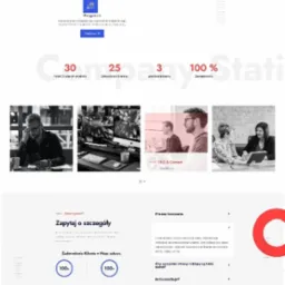Layout strony internetowej firmy Prestasite.pl, prezentujący ofertę tworzenia sklepów internetowych PrestaShop, z widocznym nagłówkiem, sekcjami o zespole, statystykami i formularzem kontaktowym.