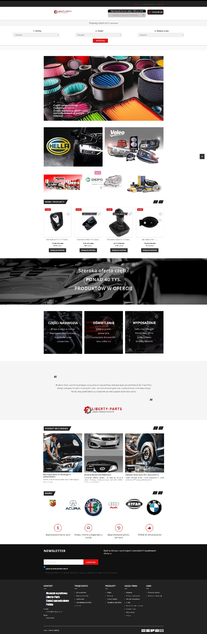 Strona internetowa sklepu z częściami samochodowymi Liberty-Parts.pl z filtrami wyszukiwania, ofertą części zamiennych, oświetlenia i poradami mechanika.