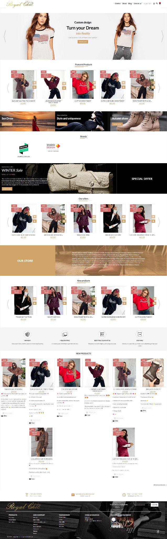 Strona główna sklepu internetowego Royal Chic z prezentacją odzieży damskiej, w tym bluzek, sukienek i spodni, z wyraźnymi zdjęciami produktów i informacjami o promocjach.