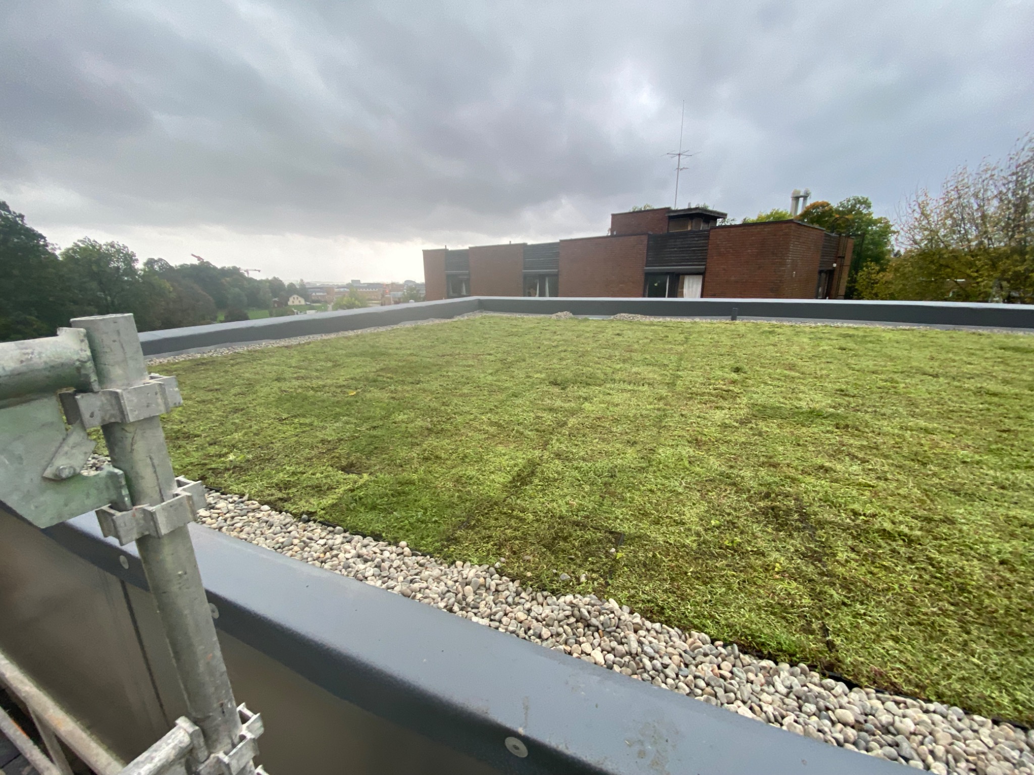Zielony dach z roślinnością i kamieniami na płaskiej powierzchni, widok z góry, pochmurne niebo w tle. Fragment rusztowania po lewej stronie.