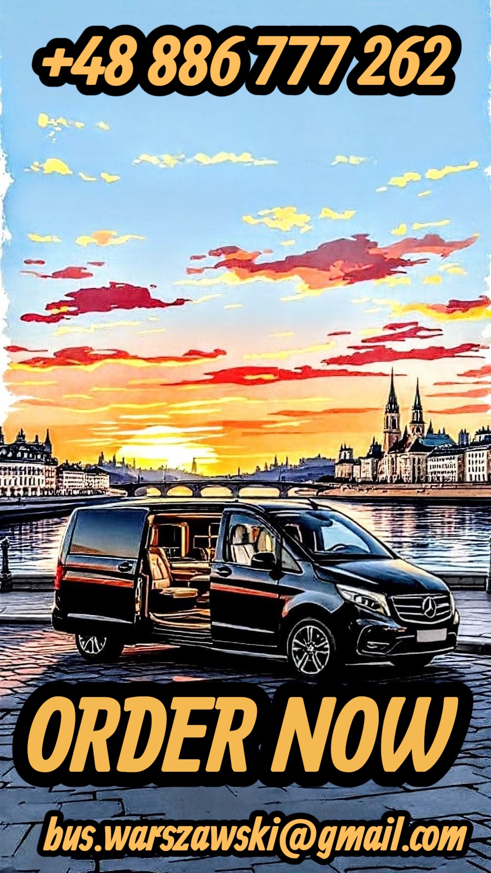 Ilustracja luksusowego, czarnego busa Mercedes z otwartymi drzwiami na tle panoramy miasta i zachodu słońca. Widoczny numer telefonu i wezwanie do działania.