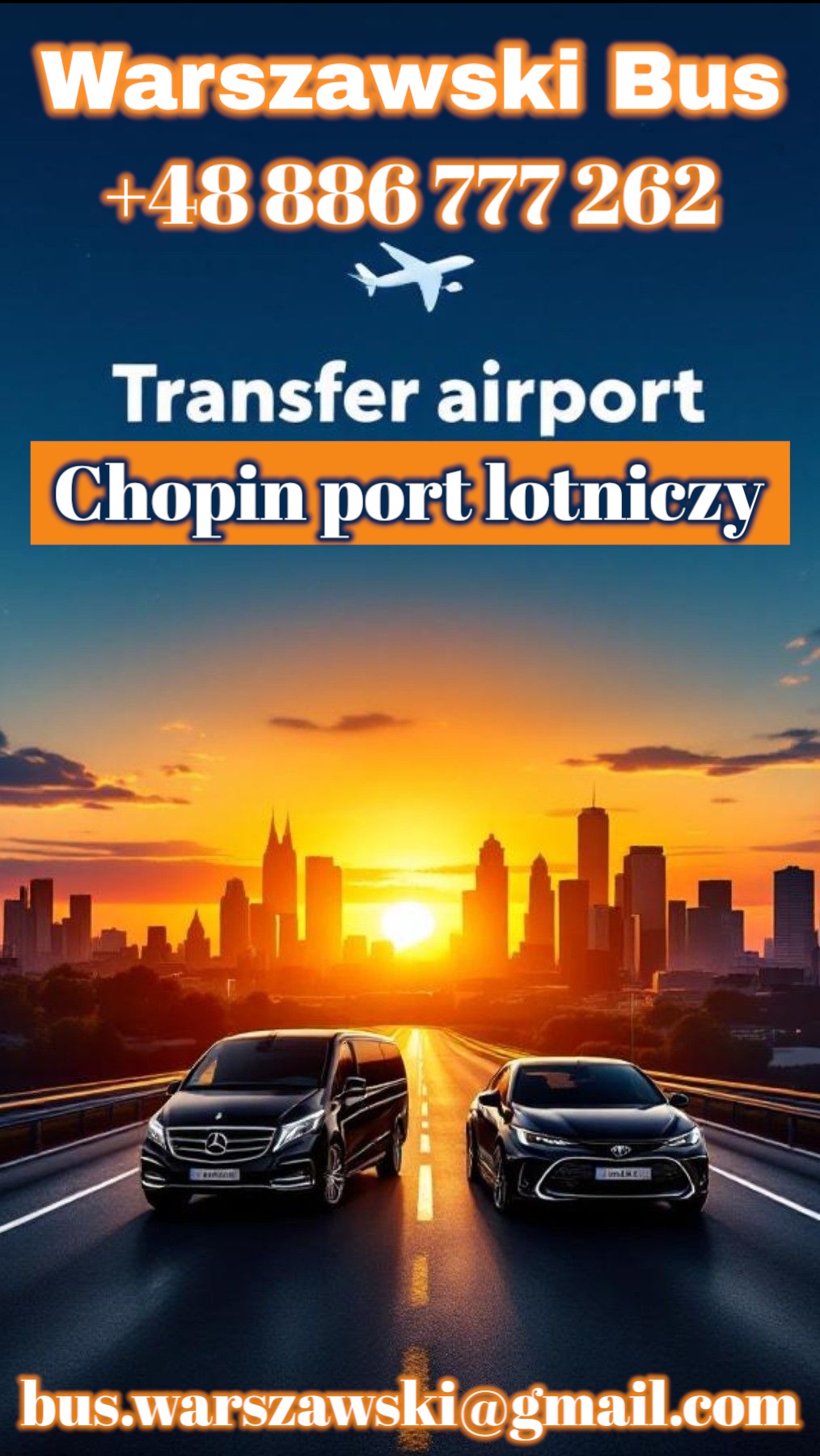 Dwa czarne pojazdy na drodze z panoramą Warszawy w tle, logo firmy i dane kontaktowe. Transfer na lotnisko Chopina.