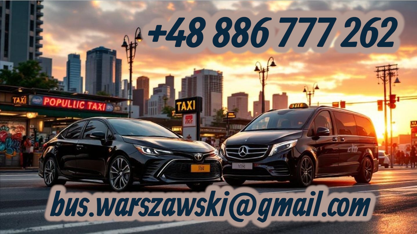 Dwa czarne pojazdy taxi (Toyota i Mercedes) na tle miejskiego krajobrazu o zachodzie słońca, z numerem telefonu i adresem e-mail umieszczonymi na zdjęciu.
