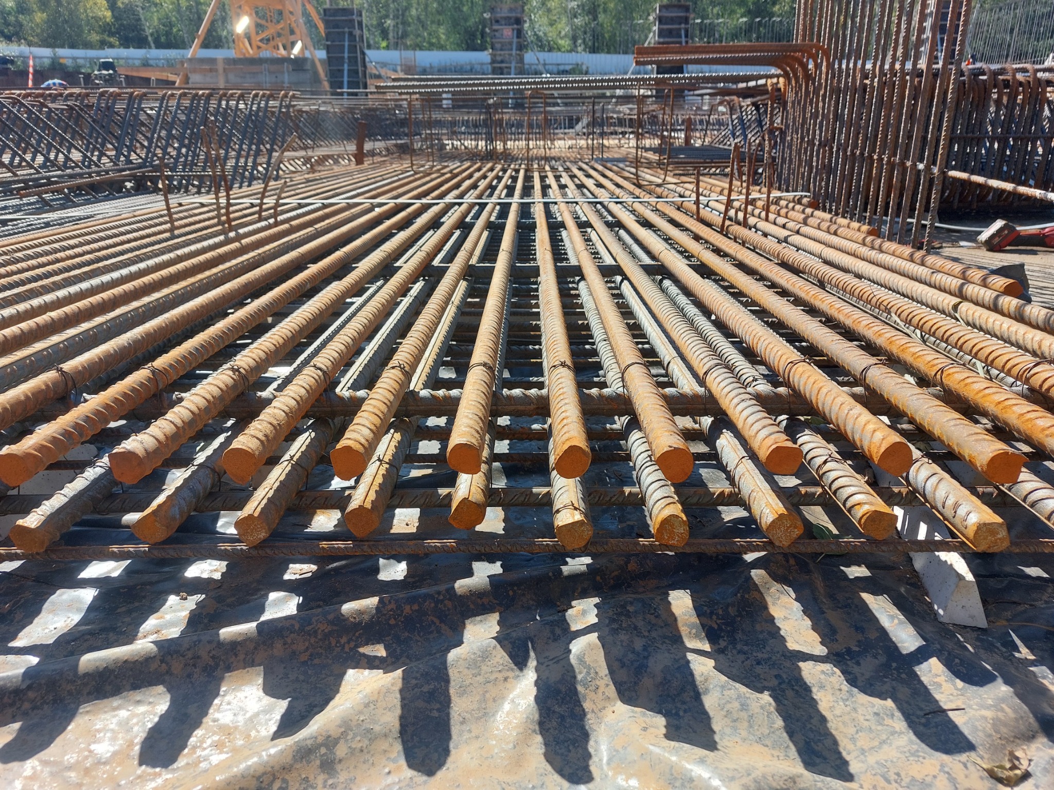 Siatka zbrojeniowa ułożona na folii budowlanej, widoczne pręty zbrojeniowe z wyraźną fakturą i śladami korozji, w tle elementy konstrukcji żelbetowej i żuraw budowlany.