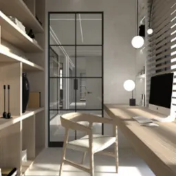 Wizualizacja biura domowego z drewnianym biurkiem, krzesłem i regałem, szklana ściana działowa z czarnymi ramami, minimalistyczne oświetlenie sufitowe.