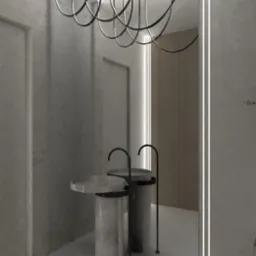 Wizualizacja minimalistycznej łazienki z dwoma umywalkami na cylindrycznych postumentach, oświetleniem LED w pionowych liniach i dekoracyjną lampą sufitową w kształcie falujących linii.