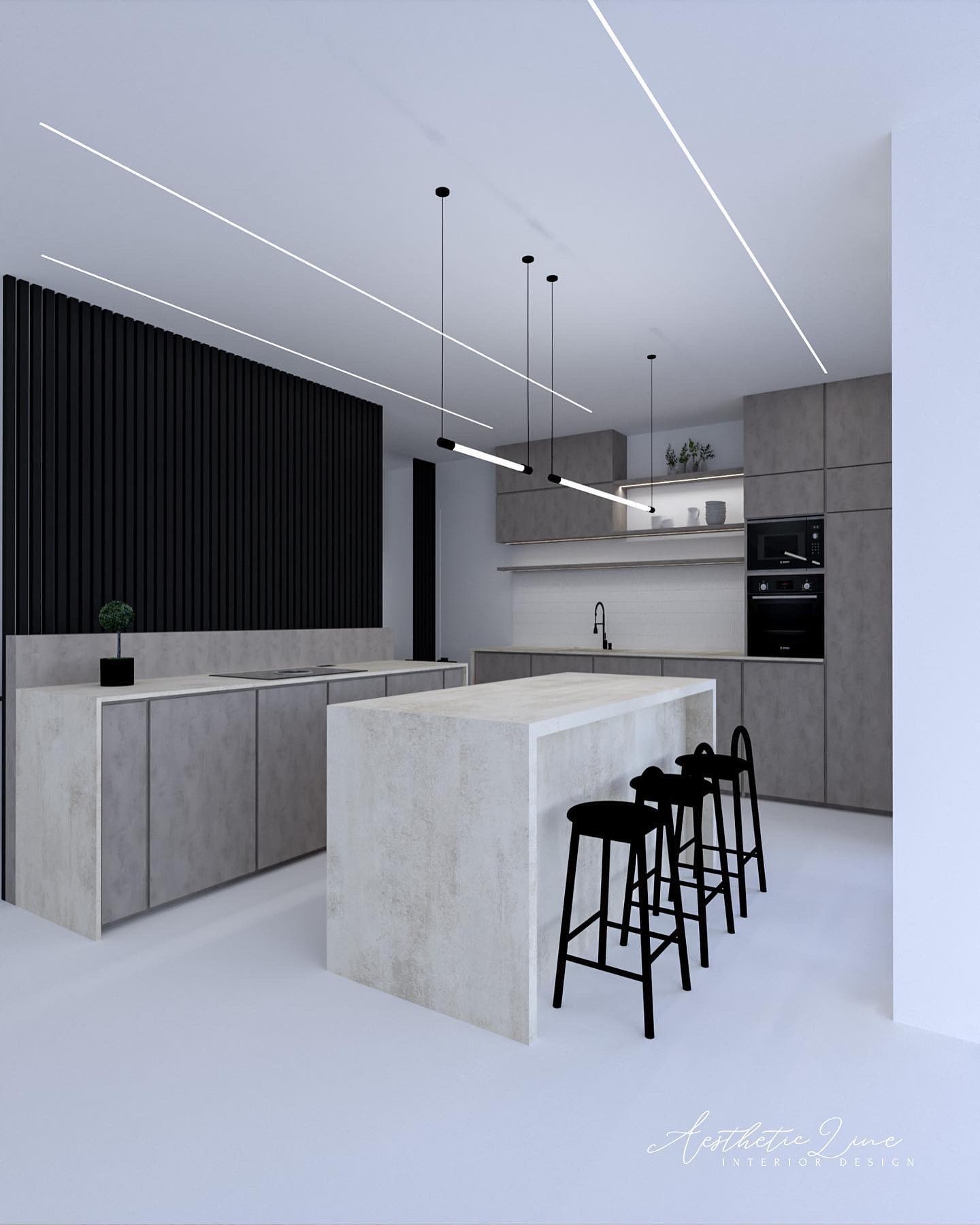 Wizualizacja nowoczesnej kuchni w odcieniach szarości z czarnymi akcentami: wyspa kuchenna z trzema hokerami, zabudowa meblowa z piekarnikiem i mikrofalówką, czarny panel dekoracyjny na ścianie...