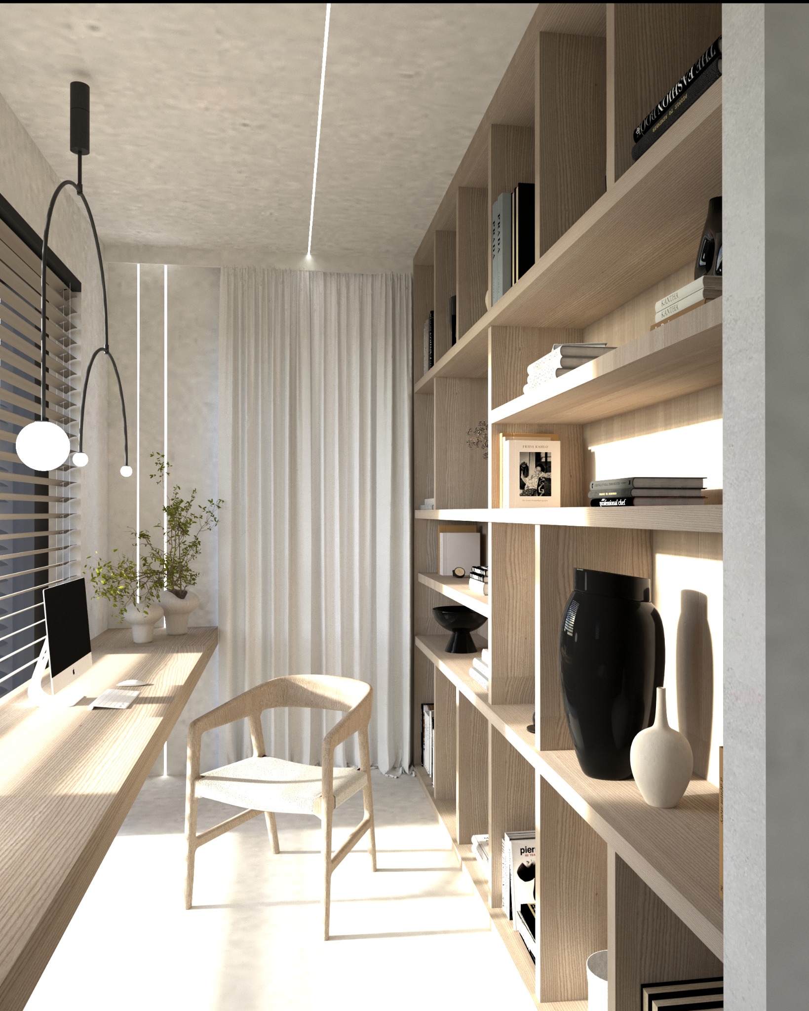 Wizualizacja biura domowego z drewnianym biurkiem przy oknie z żaluzjami, minimalistycznym krzesłem i regałem z książkami oraz dekoracjami.