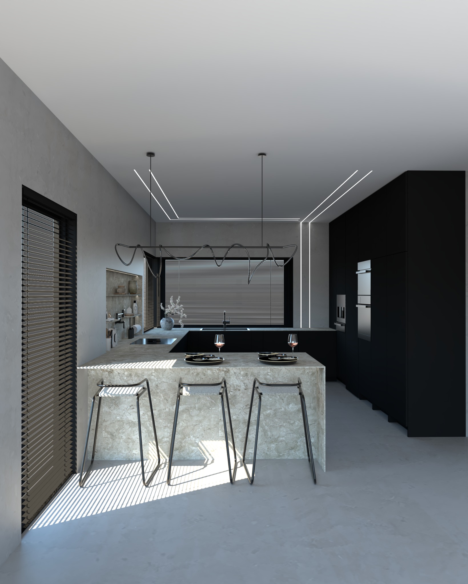 Nowoczesna kuchnia z wyspą z jasnego kamienia, czarnymi szafkami i oświetleniem LED. Na wyspie ustawione nakrycia i kieliszki do wina.