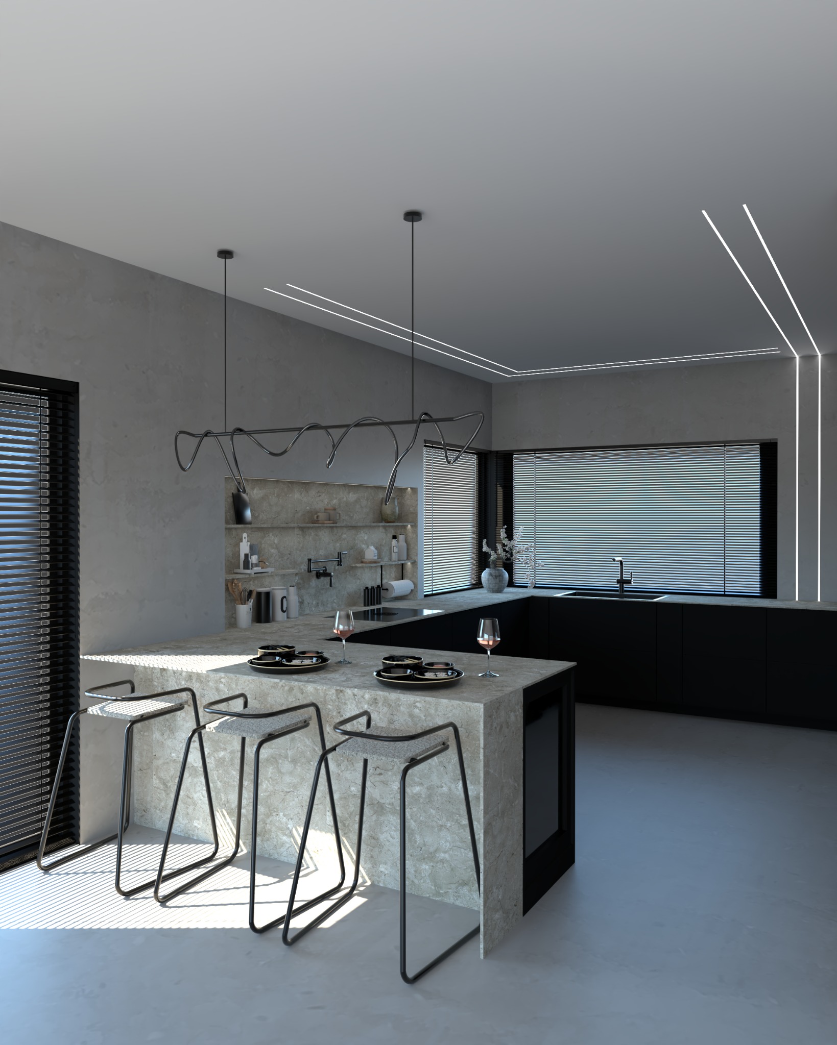Nowoczesna kuchnia z wyspą wykończoną marmurem, czarne szafki, designerskie oświetlenie i krzesła barowe z marmurowymi siedziskami, zastawa stołowa i kieliszki do wina na blacie.