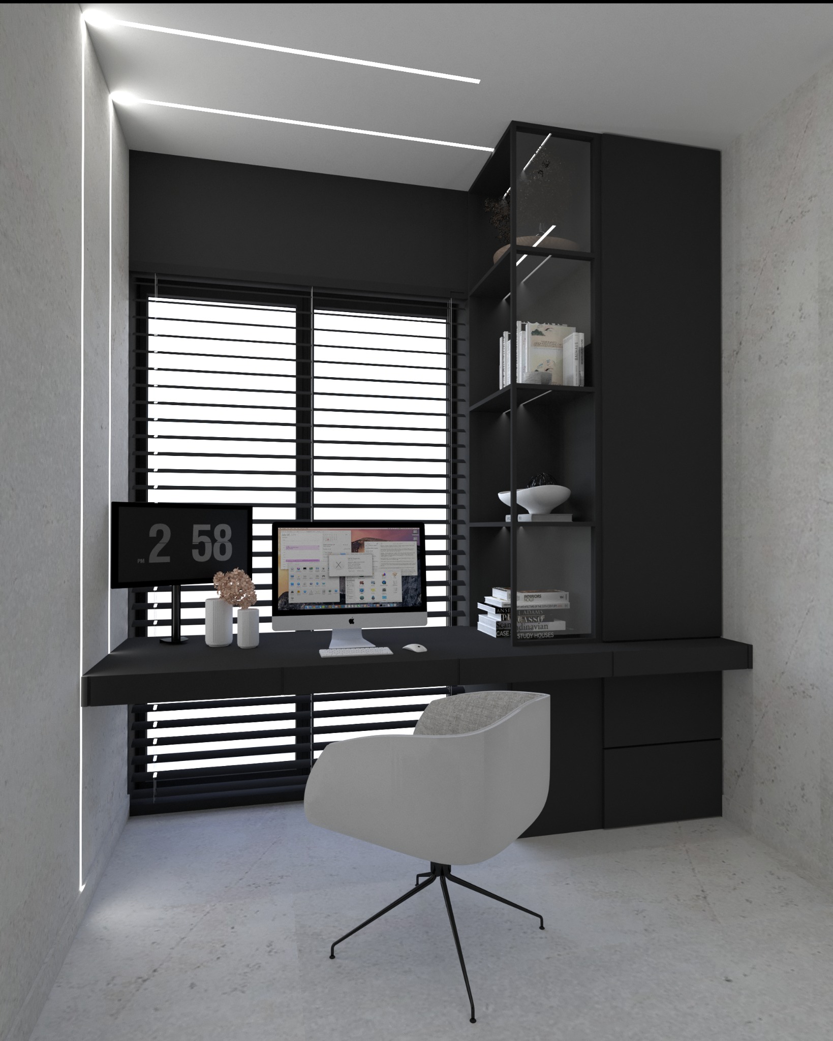 Wizualizacja minimalistycznego biura domowego z czarnym biurkiem i regałem, białym krzesłem obrotowym, betonowymi ścianami i oknem z żaluzjami. Na biurku stoi komputer iMac z otwartymi oknami...