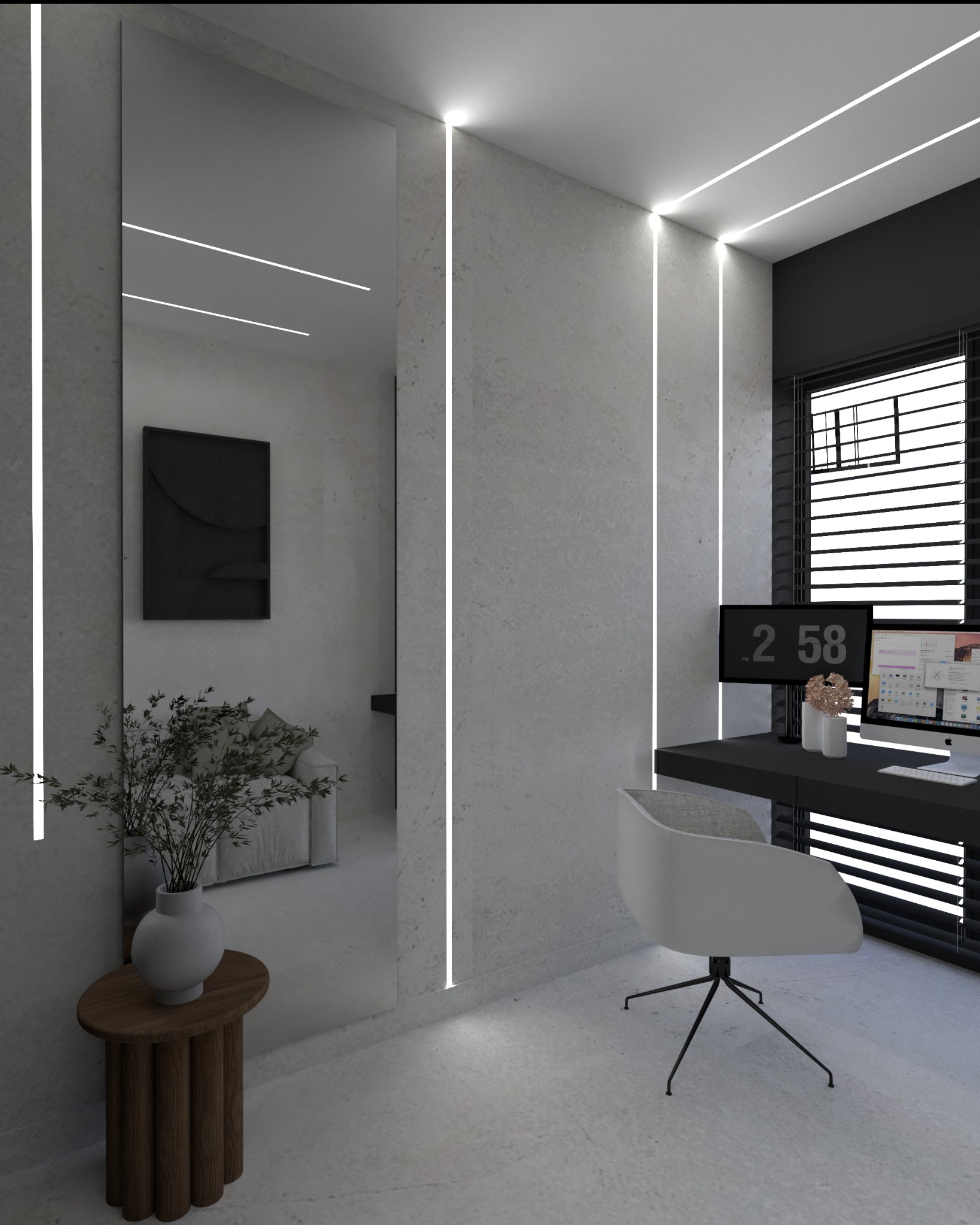 Minimalistyczne biuro domowe z dużym lustrem, betonowe ściany z pionowymi paskami led, czarne biurko z komputerem i białe krzesło biurowe na tle żaluzji.