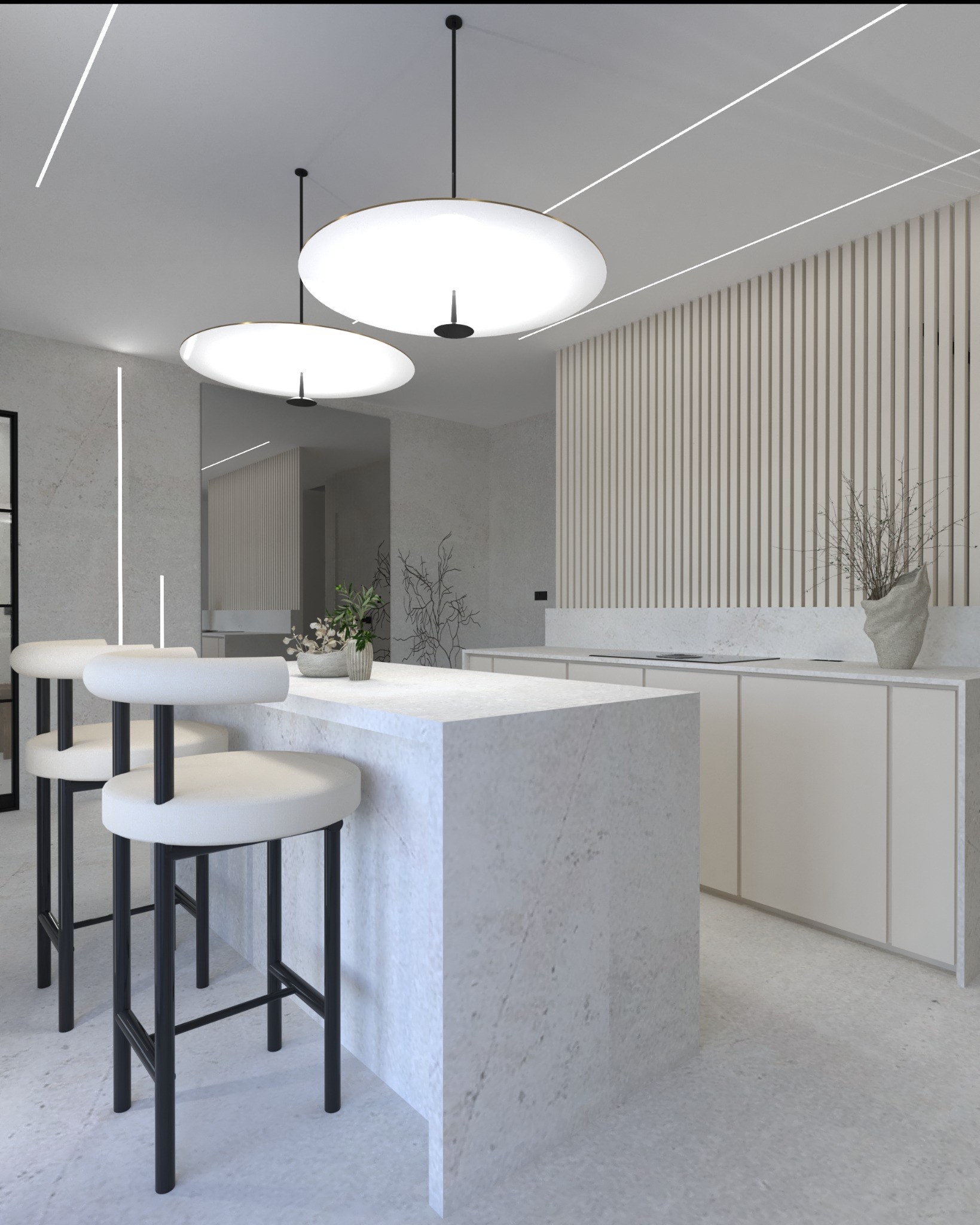 Jasna kuchnia z wyspą i trzema hokerami z białymi siedziskami i czarnymi nogami, oświetlona okrągłymi lampami sufitowymi i listwami LED, z dekoracyjną ścianą z pionowych paneli.