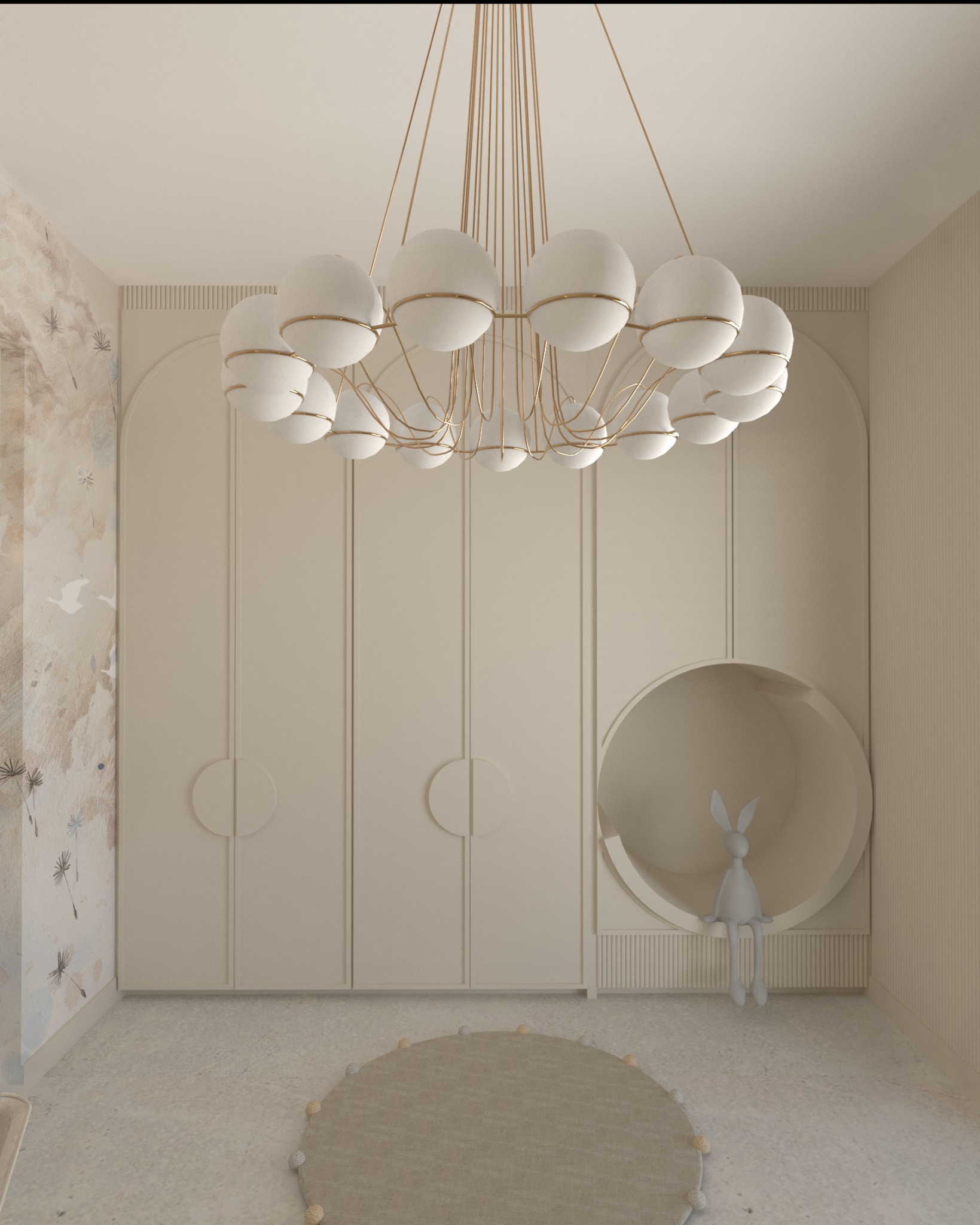Beżowe wnętrze pokoju dziecięcego z tapetą w motywy roślinne, szafą z okrągłymi uchwytami, okrągłą niszą z pluszowym królikiem i okrągłym dywanem z pomponami, oświetlone kulistym żyrandolem.