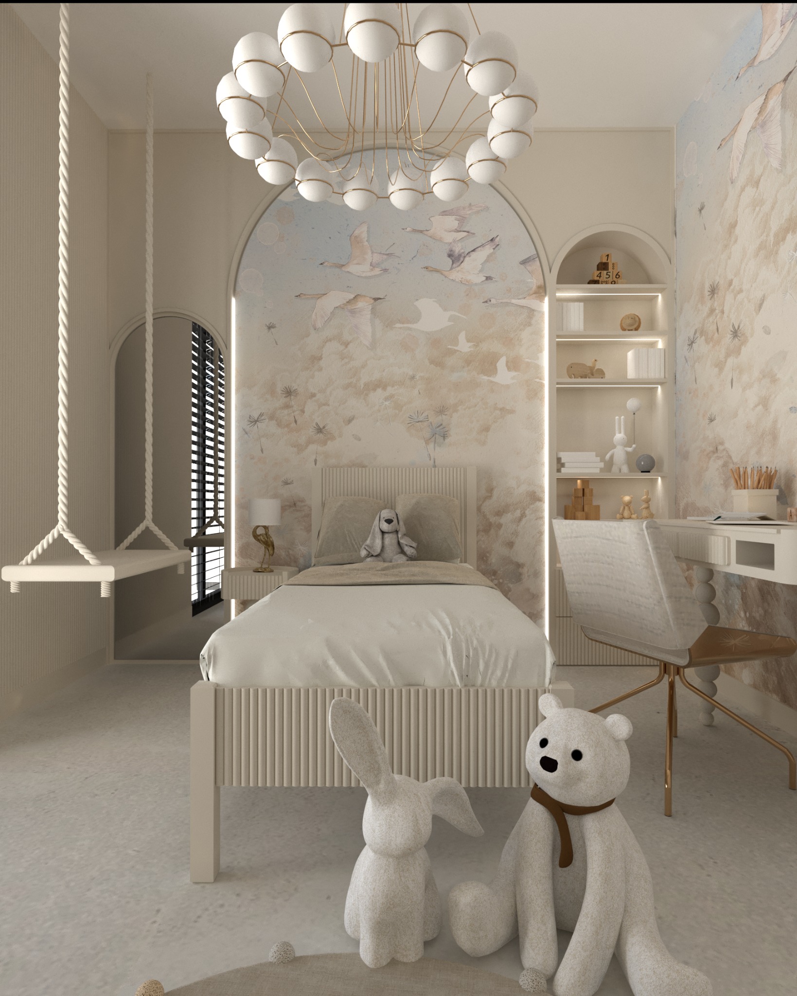 Jasny pokój dziecięcy z łóżkiem, biurkiem, wiszącą huśtawką, lampą sufitową w kształcie kuli i tapetą z motywem ptaków, pluszowy miś i królik na podłodze.