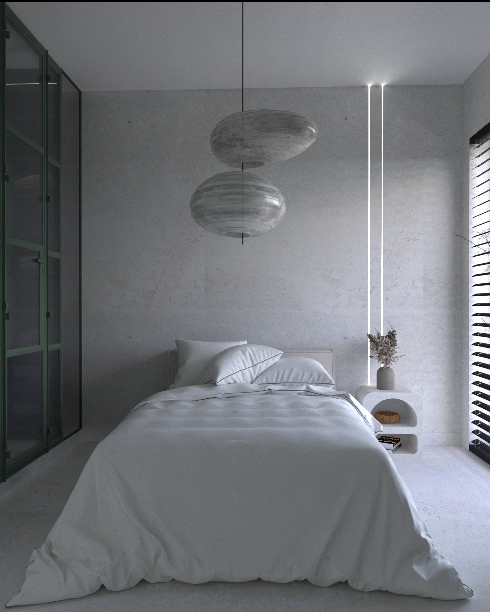 Minimalistyczna sypialnia z łóżkiem w białej pościeli, wiszącymi lampami w kształcie dysków, pionowymi lampami na ścianie i szafą z zielonymi ramami.