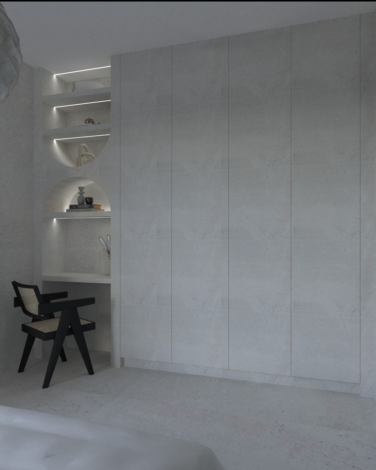 Minimalistyczna aranżacja wnętrza z wbudowaną szafą, półkami z oświetleniem LED i czarnym krzesłem o geometrycznej konstrukcji na tle szarej, teksturowanej ściany.