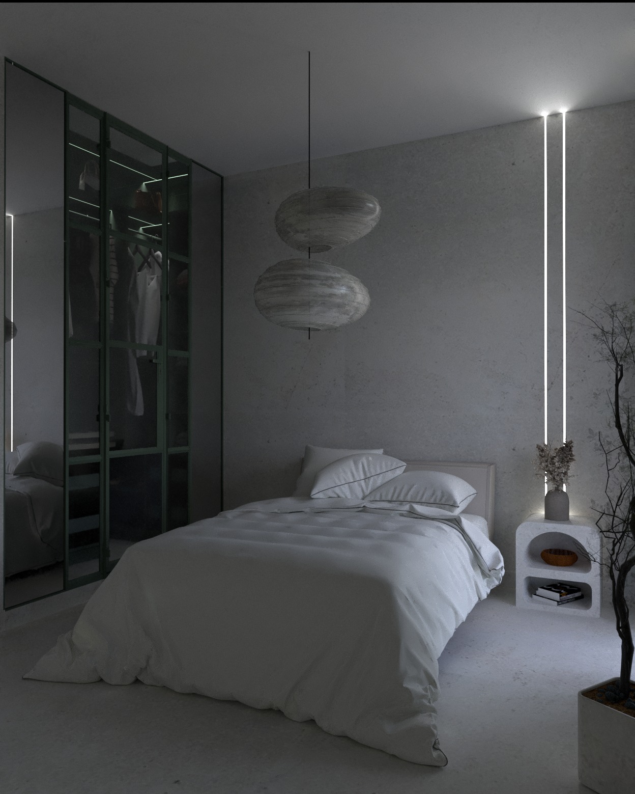 Nowoczesna sypialnia w odcieniach szarości z dużym lustrem szafy, wiszącą lampą z dwóch kul i podświetleniem LED na ścianie.