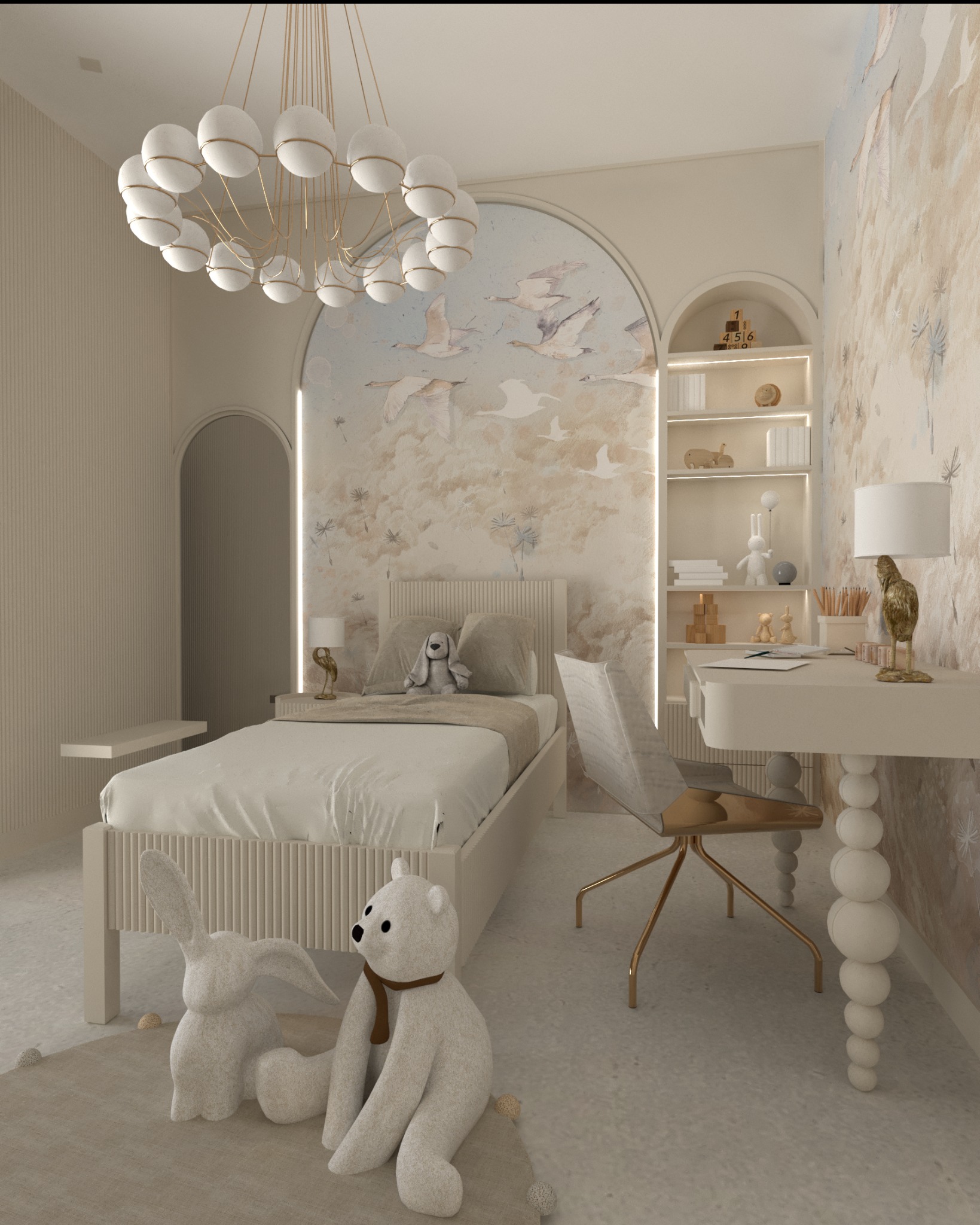 Jasna sypialnia dziecięca z łóżkiem, biurkiem, regałem i dekoracyjnym oświetleniem; na podłodze siedzą pluszowy królik i miś.