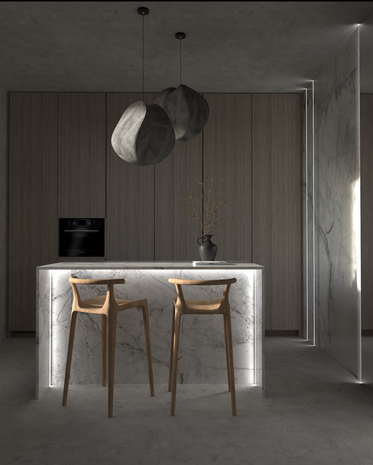 Minimalistyczna kuchnia z wyspą wykończoną marmurem, podświetloną od dołu, z drewnianymi krzesłami barowymi i wiszącymi lampami o organicznym kształcie.