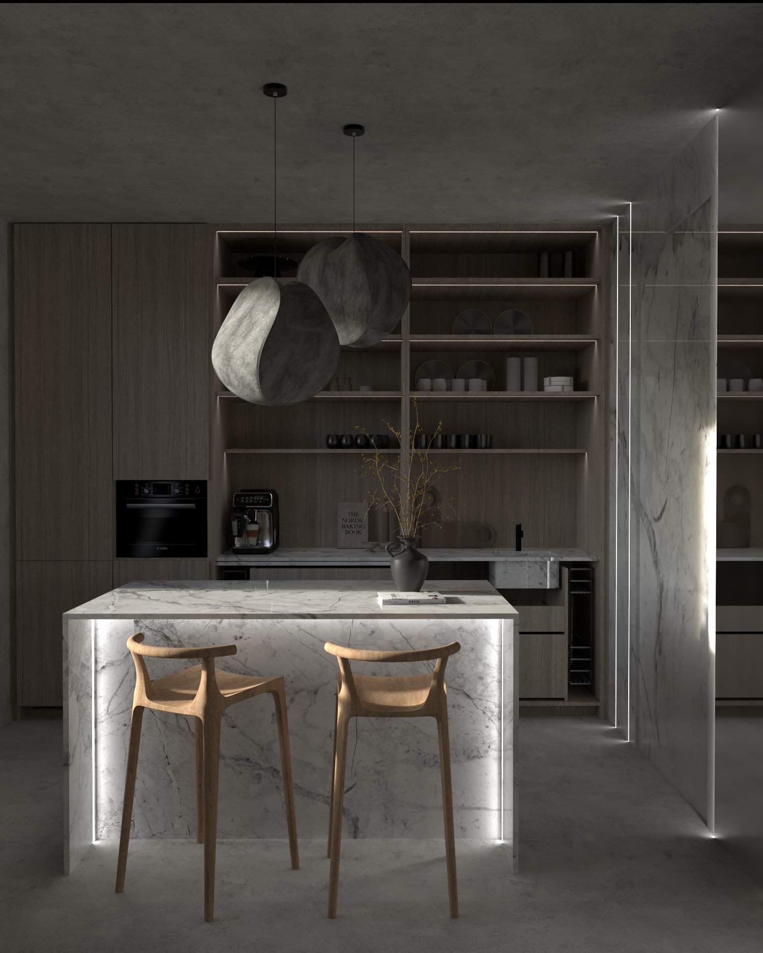 Nowoczesna kuchnia z marmurową wyspą oświetloną listwą LED, drewniane szafki, designerskie lampy wiszące i minimalistyczne krzesła barowe.