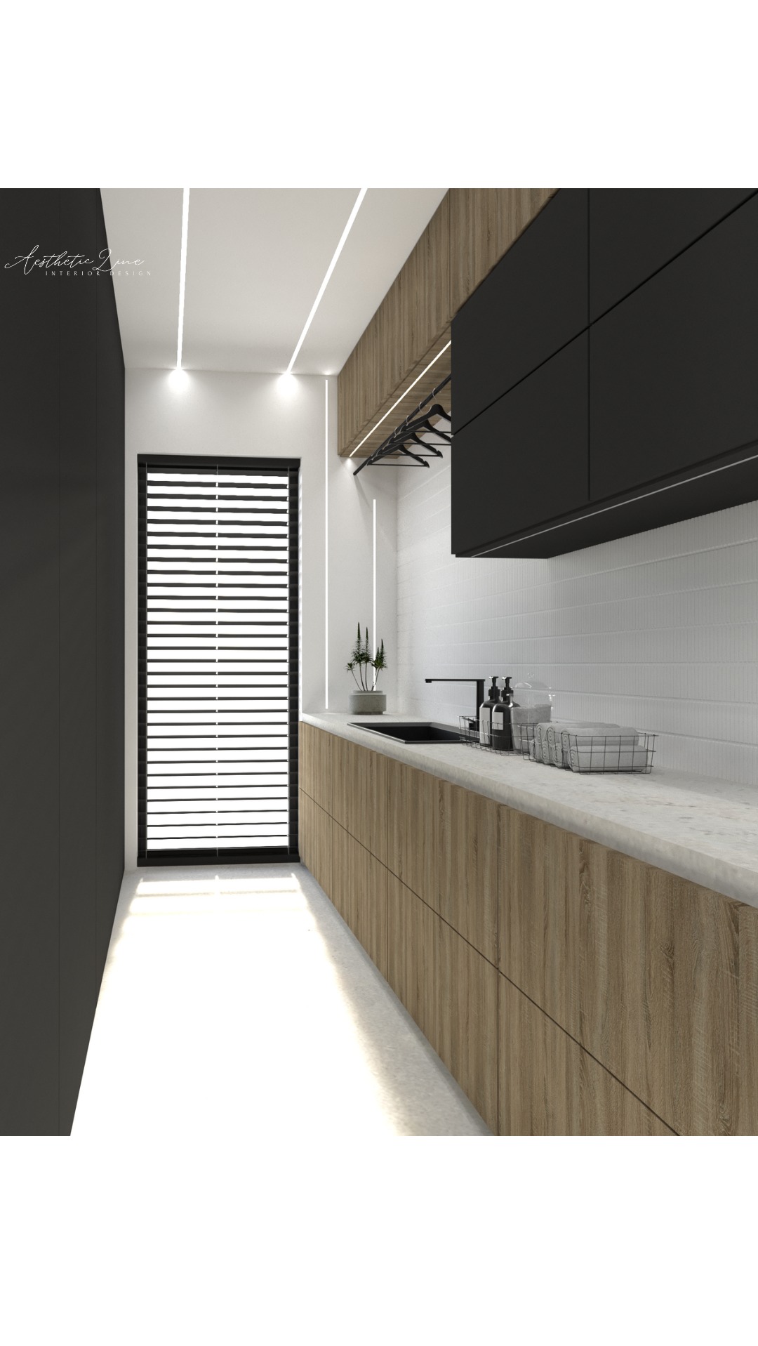 Wizualizacja nowoczesnej łazienki z drewnianymi szafkami pod umywalką, czarnymi szafkami wiszącymi, białymi płytkami na ścianie i czarnymi żaluzjami w oknie.
