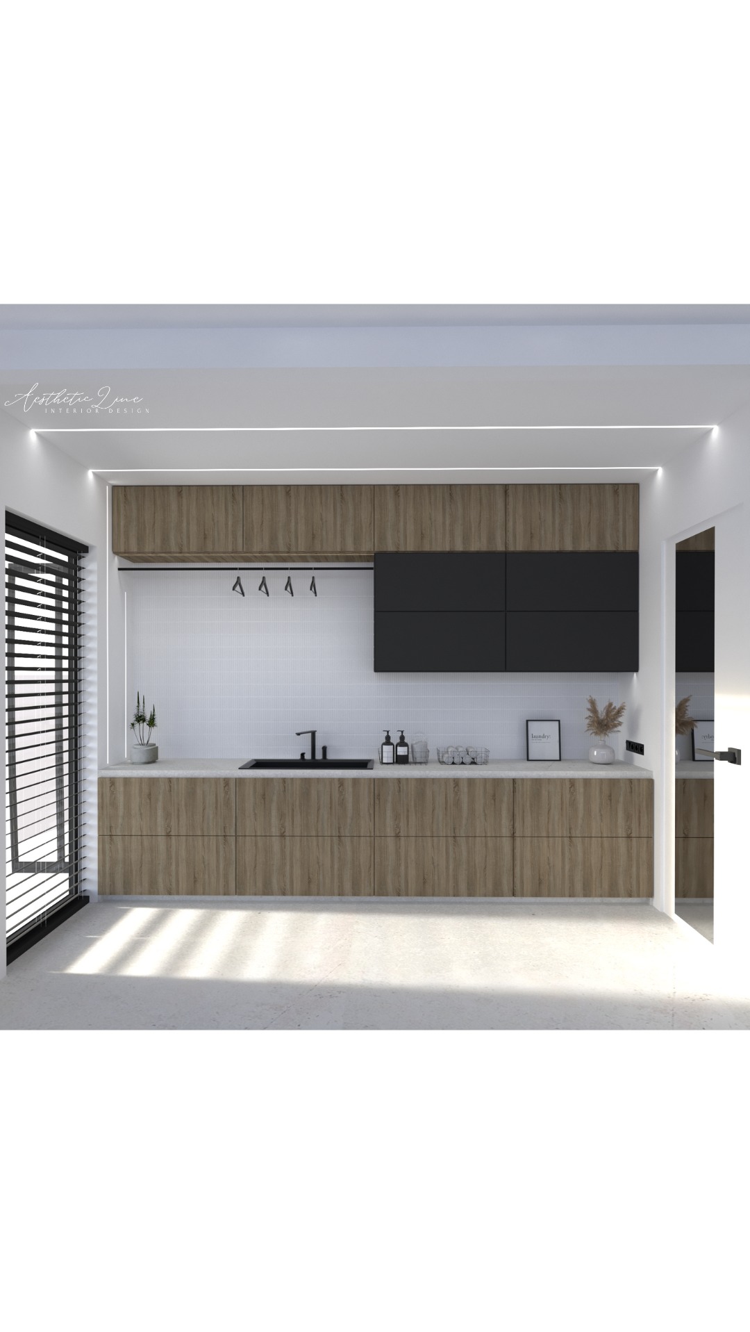 Wizualizacja minimalistycznej łazienki z drewnianymi szafkami, czarnymi akcentami i białymi płytkami na ścianie, oświetlona listwą LED pod sufitem i naturalnym światłem wpadającym przez żaluzje.