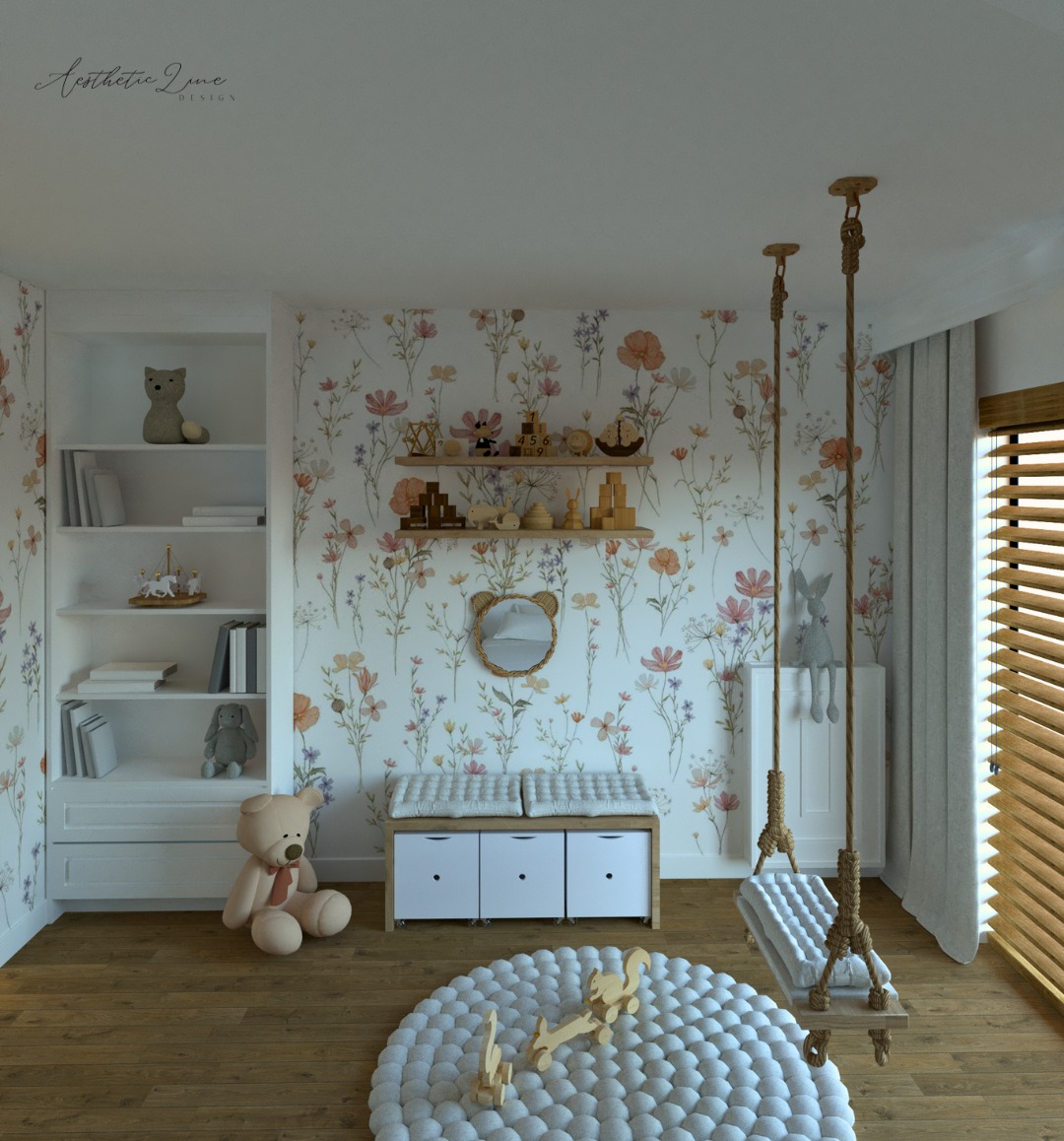 Pokój dziecięcy w stylu rustykalnym z tapetą w kwiaty, drewnianą podłogą, huśtawką na linach, regałem z zabawkami i puszystym dywanem.