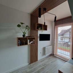 WOOD MEBLE SPÓŁKA Z OGRANICZONĄ ODPOWIEDZIALNOŚCIĄ - Nowoczesny salon z drewnianą zabudową ściany, półkami, roślinami, czarną lampą sufitową i telewizorem