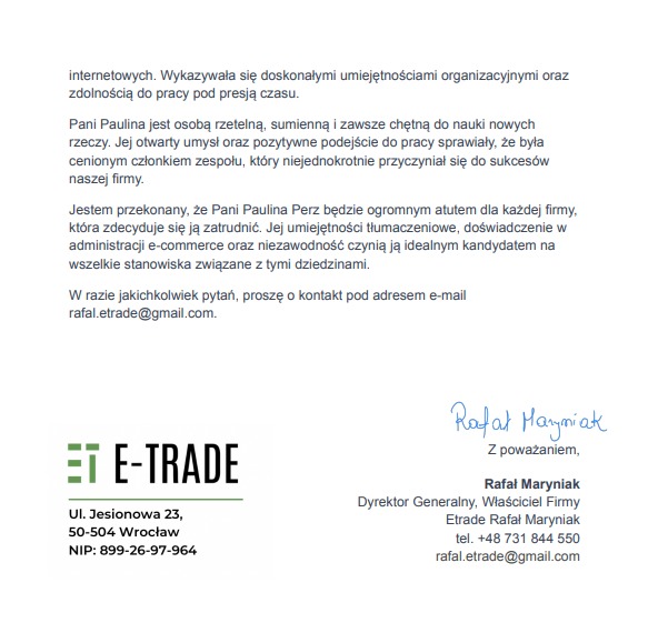 Skan referencji dla Pani Pauliny Perz od firmy E-Trade, z podpisem Rafała Maryniaka, dyrektora generalnego.