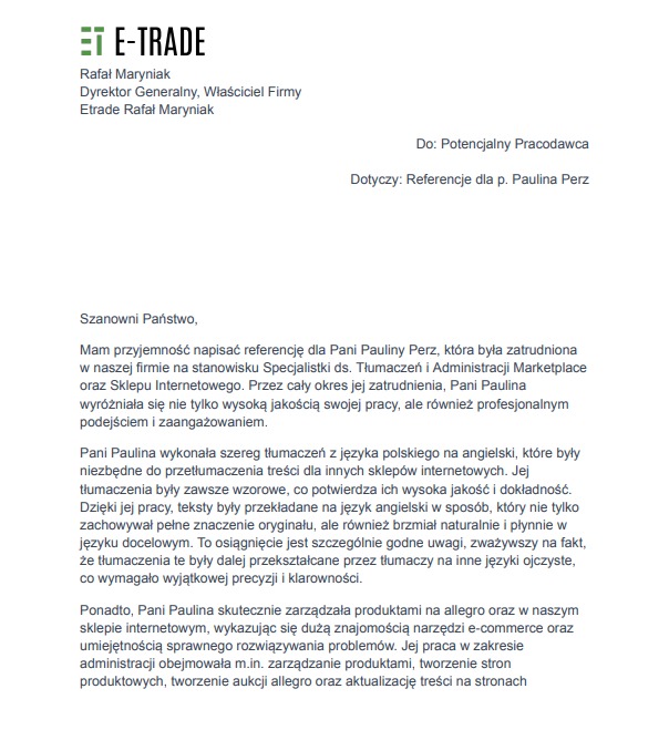 Skan referencji dla Pauliny Perz od firmy E-Trade, potwierdzający umiejętności w tłumaczeniach polsko-angielskich oraz zarządzaniu sklepem internetowym i Allegro.