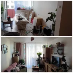 Zdjęcie 'przed i po' remontu salonu: widok na pokój z balkonem, przedmioty zabezpieczone folią, a w dolnej części odnowione wnętrze z meblami i dekoracjami.