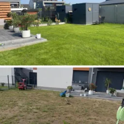 Trawnik z rolki: zdjęcie 'przed' z suchą trawą i 'po' z soczystą zielenią, obok szopa na narzędzia z symbolem radioaktywności i nowoczesne domy w tle.