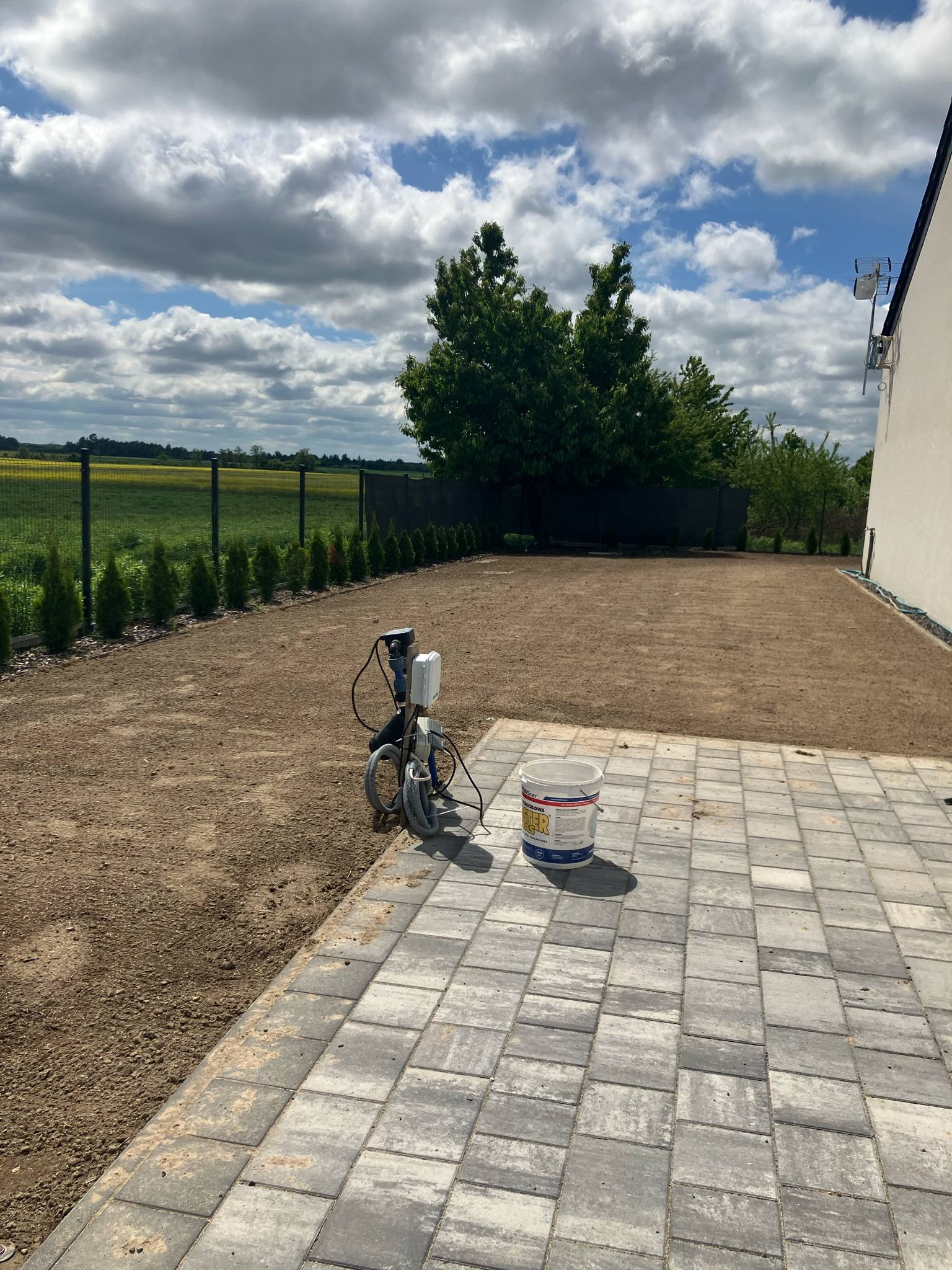 Przygotowany teren pod trawnik z rolki, widoczne narzędzia i wiadro farby. W tle zielony żywopłot i ogrodzenie panelowe. Słoneczny dzień.