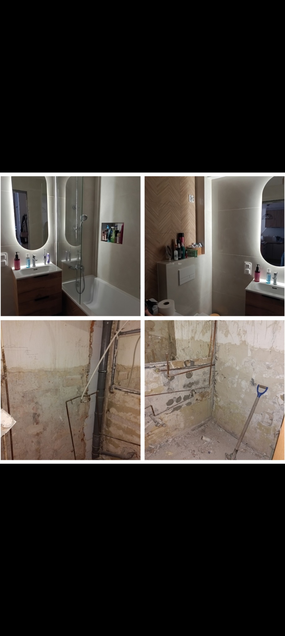 Remont łazienki: kolaż 'przed i po' z nowoczesną armaturą, oświetleniem LED i wykończeniem w odcieniach beżu. Widoczne etapy prac instalacyjnych.