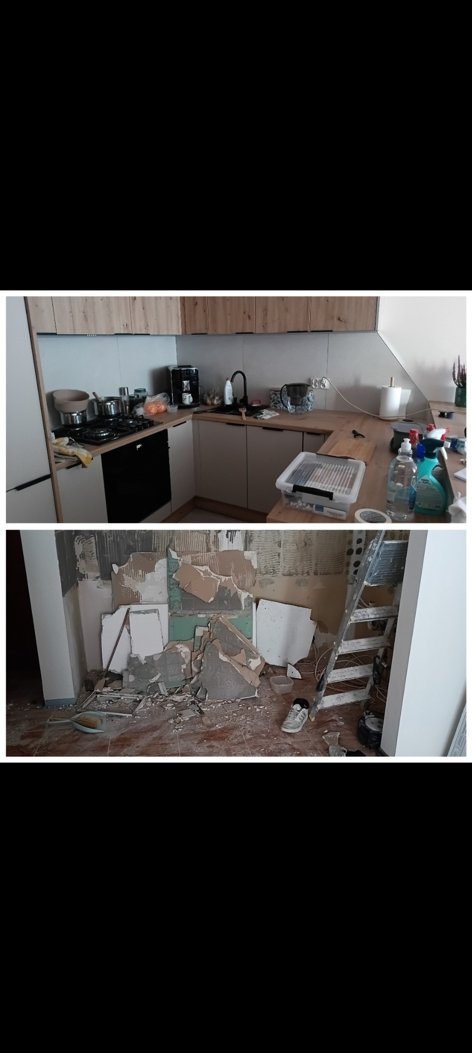 Remont kuchni: widok 'przed i po' z nową zabudową meblową w jasnych barwach i fragmentem zdemontowanych płytek na podłodze.