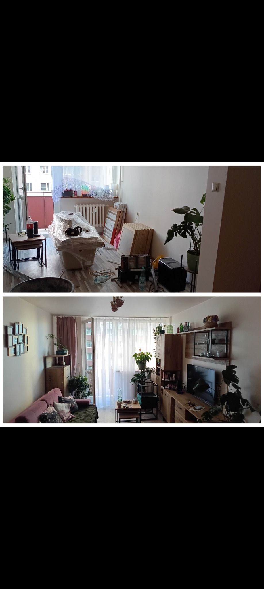 Zdjęcie 'przed i po' remontu salonu: widok na pokój z balkonem, przedmioty zabezpieczone folią, a w dolnej części odnowione wnętrze z meblami i dekoracjami.