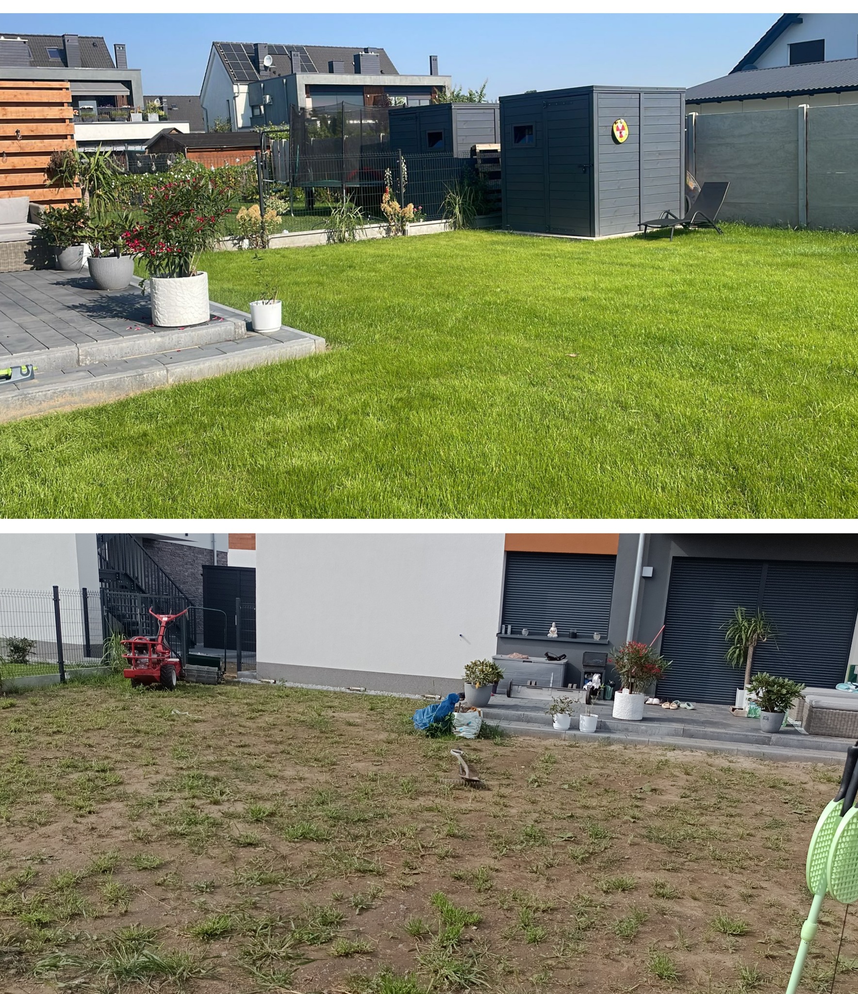 Trawnik z rolki: zdjęcie 'przed' z suchą trawą i 'po' z soczystą zielenią, obok szopa na narzędzia z symbolem radioaktywności i nowoczesne domy w tle.