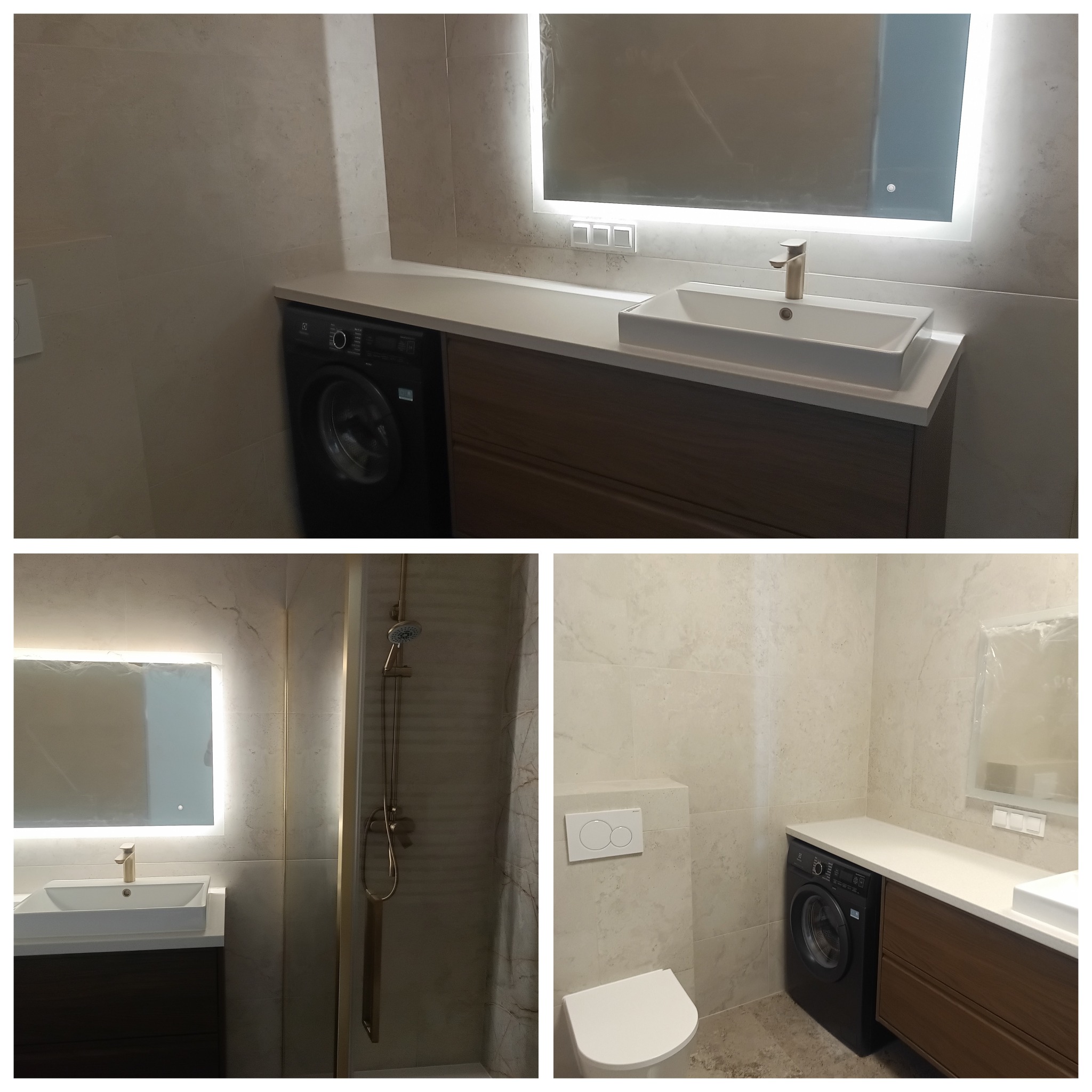 Nowoczesna łazienka z umywalką nablatową, podświetlanym lustrem, kabiną prysznicową i pralką w zabudowie. Stonowana kolorystyka, beżowe płytki.