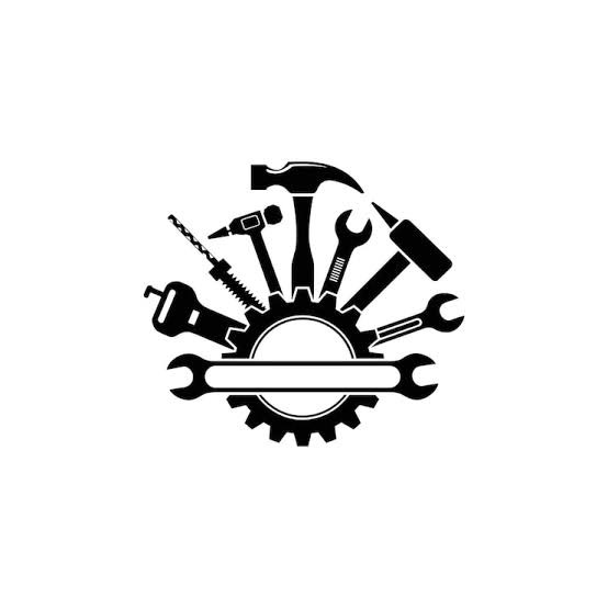Czarno-biała grafika narzędzi: młotek, wiertarka, klucze, śrubokręt, ułożone wachlarzowo na tle koła zębatego z miejscem na tekst. Minimalistyczny design.