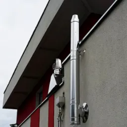 Zewnętrzny, stalowy system odprowadzania spalin z kotła grzewczego, zamontowany na elewacji budynku z czerwono-białymi pasami.