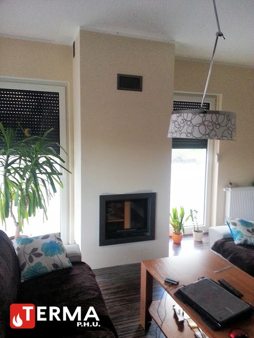 Wnętrze salonu z nowoczesnym wkładem kominkowym w obudowie, widoczne drewno wewnątrz paleniska, obok sofa z poduszką w kwiaty, lampa sufitowa i stolik kawowy.